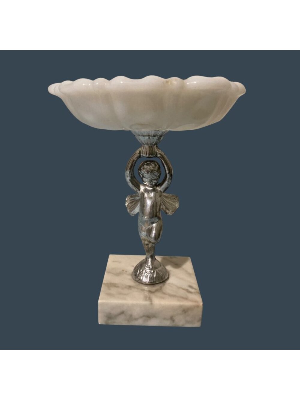 Vintage Cherub Milk Glass and Marble Vanity Dish Candy Dish Or Jewelry Tray